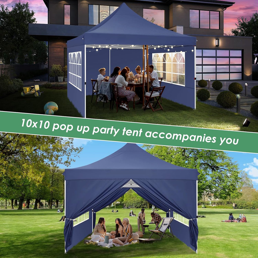 COBIZI Canopy 10x10 Pop Up Canopy Tent with Sidewalls, Commercial Party Tent Ez Waterproof Outdoor Instant Gazebo UV 50+ Event Shelter, Garden Tents for Parties Camping with Sandbags,Dark Blue