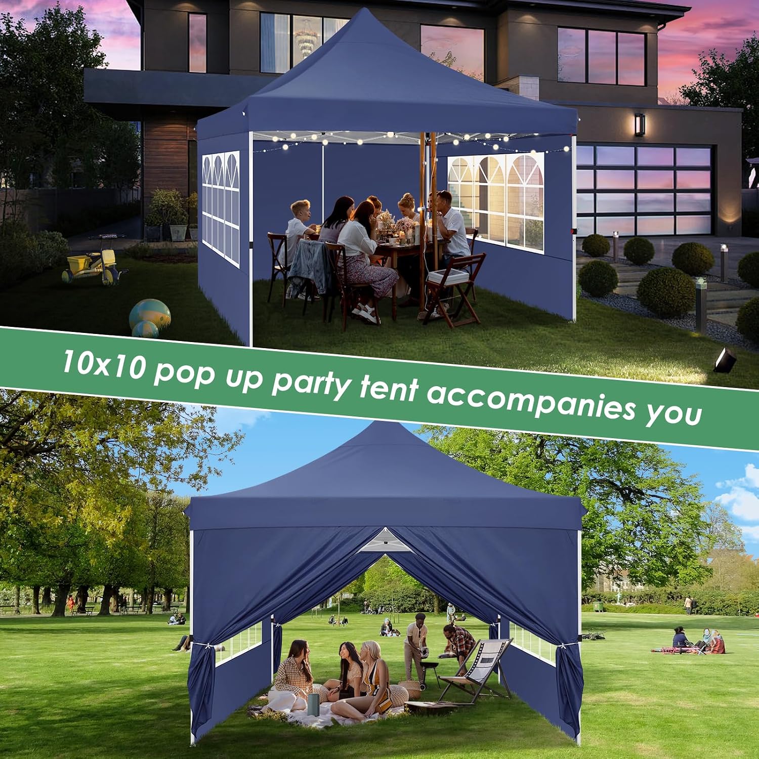 COBIZI Canopy 10x10 Pop Up Canopy Tent with Sidewalls, Commercial Party Tent Ez Waterproof Outdoor Instant Gazebo UV 50+ Event Shelter, Garden Tents for Parties Camping with Sandbags,Dark Blue