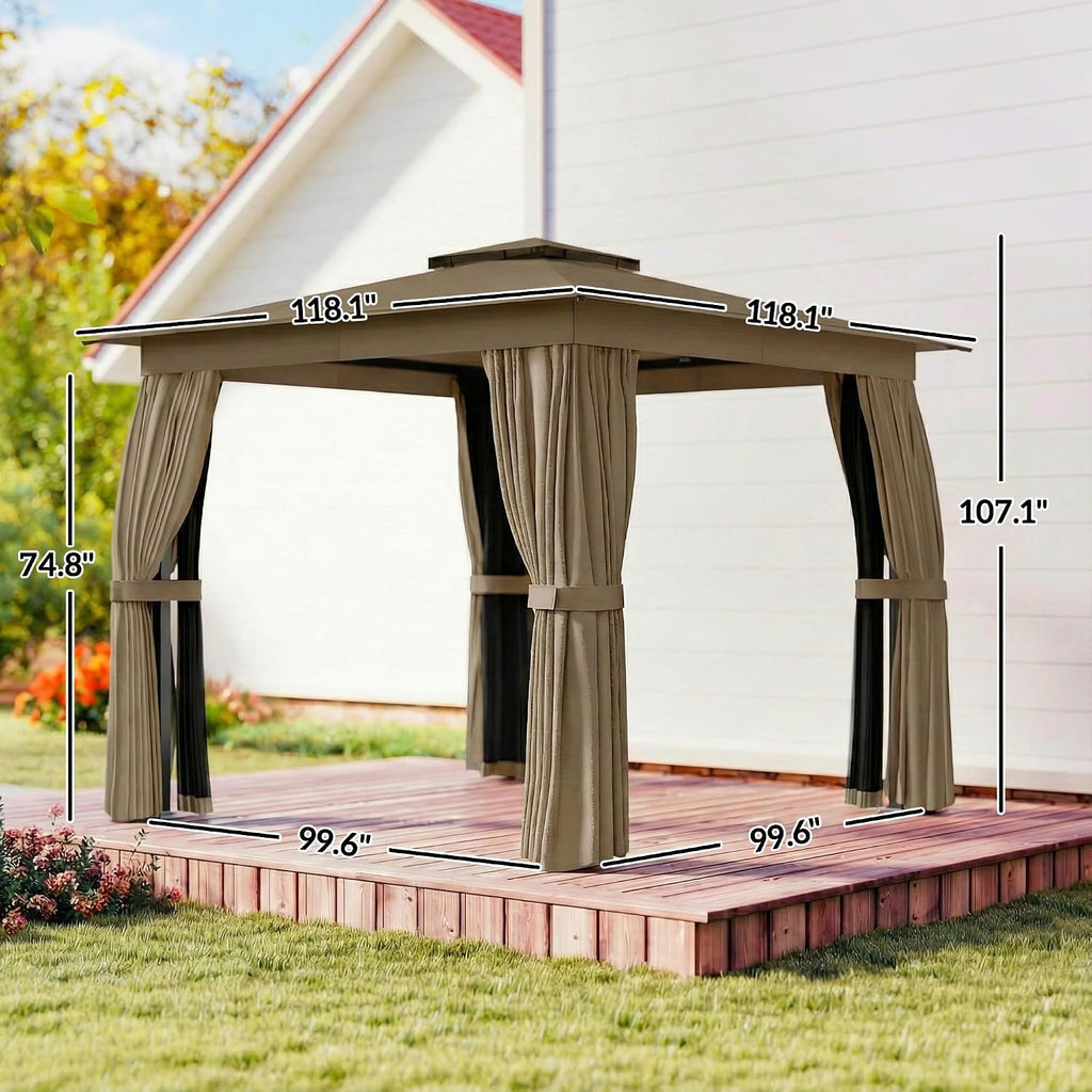 Outsunny 10' x 10' Outdoor Patio Gazebo, Heavy Duty Gazebo Canopy Shelter with Double Roof, Curtains, Netting, Steel Frame, UPF30+ Protection, Ceiling Hook for Lawn, Backyard, Deck, Khaki