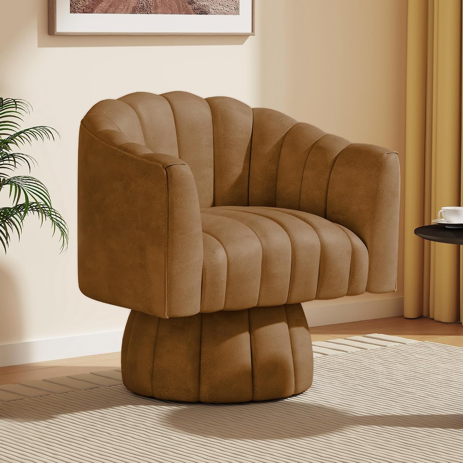 Dewhut Swivel Accent Chair, 360° Swivel Barrel Chair with Armrest, Faux Leather Upholstered Single Sofa Reading Chair for Living Room,Bedroom,Waiting Room(Brown)