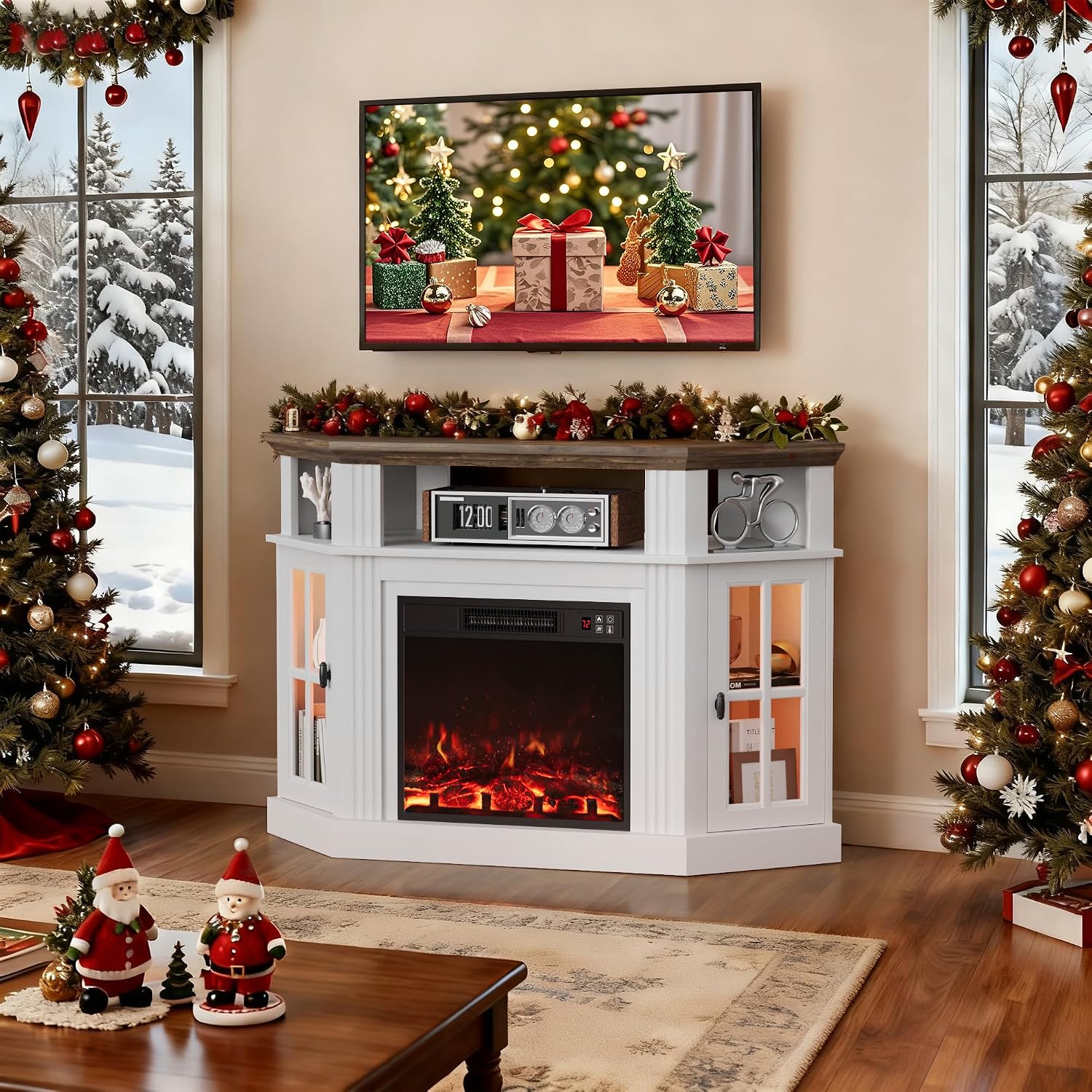 Furmax Fireplace Corner TV Stand for Up to 55 Inch, Modern Console with 18 Inch Electric Fireplace, Entertainment Center with Open Shelf and Storage Cabinets for Living Room (LED Antique White)