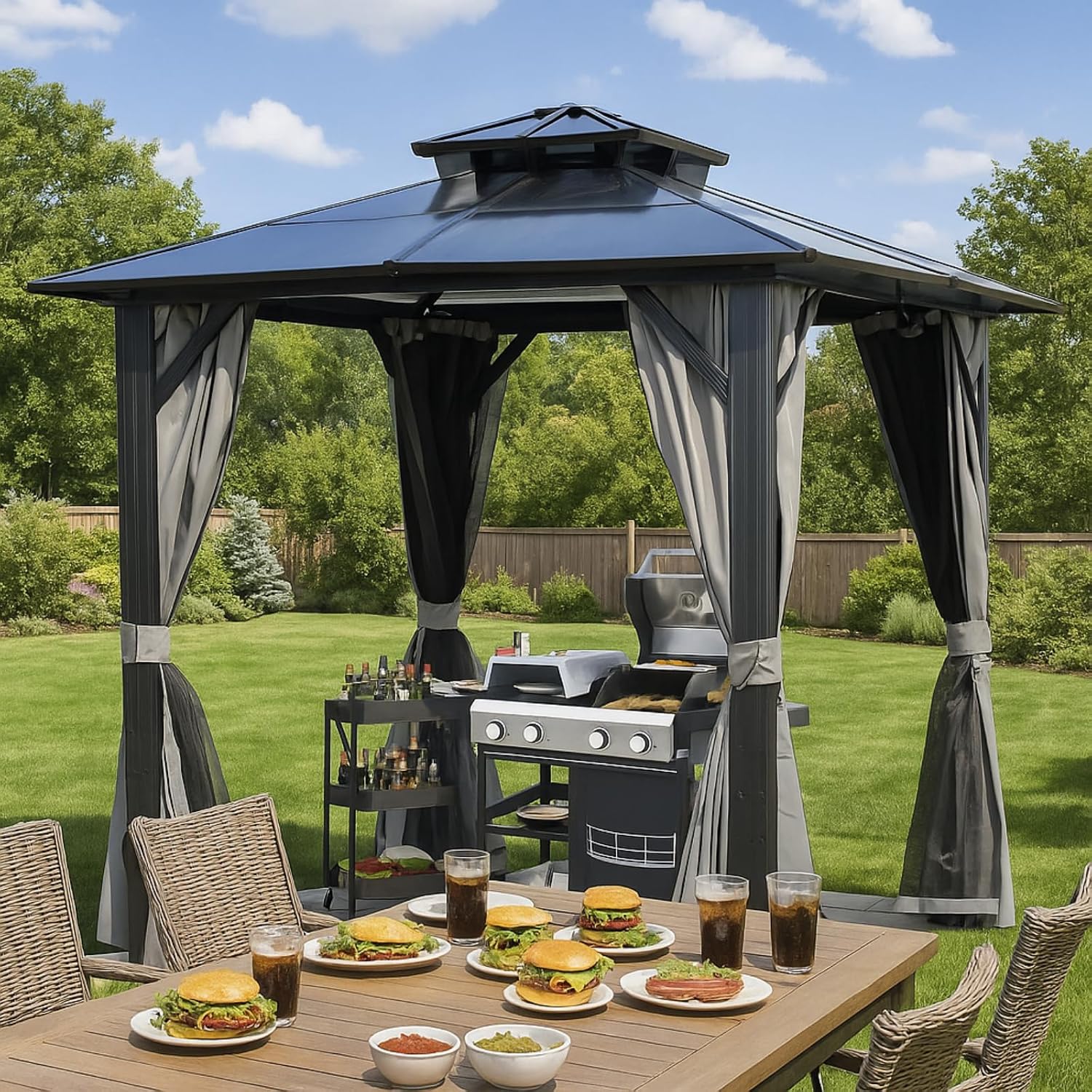 8x5 Hardtop Grill Gazebo, Vented Double Roof Polycarbonate BBQ Canopy for Outdoor Patio, Anti-UV Waterproof Shelter with Side Shelves & Hooks, Heavy Duty Steel Frame (8x8)
