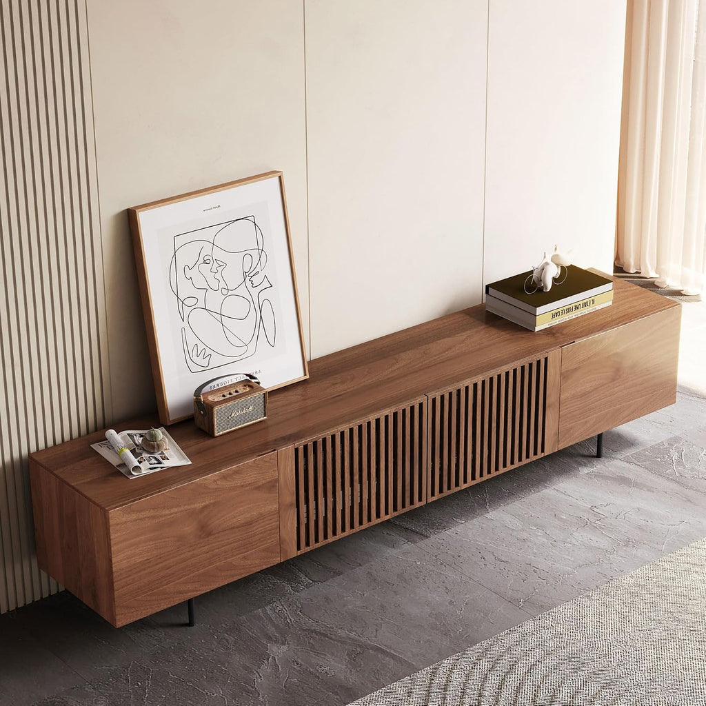 Mid Century Modern TV Stand for 80+ Inch TVs, 94.48' Walnut Console with Ample Storage – Stylish Entertainment Center for Living Room or Bedroom