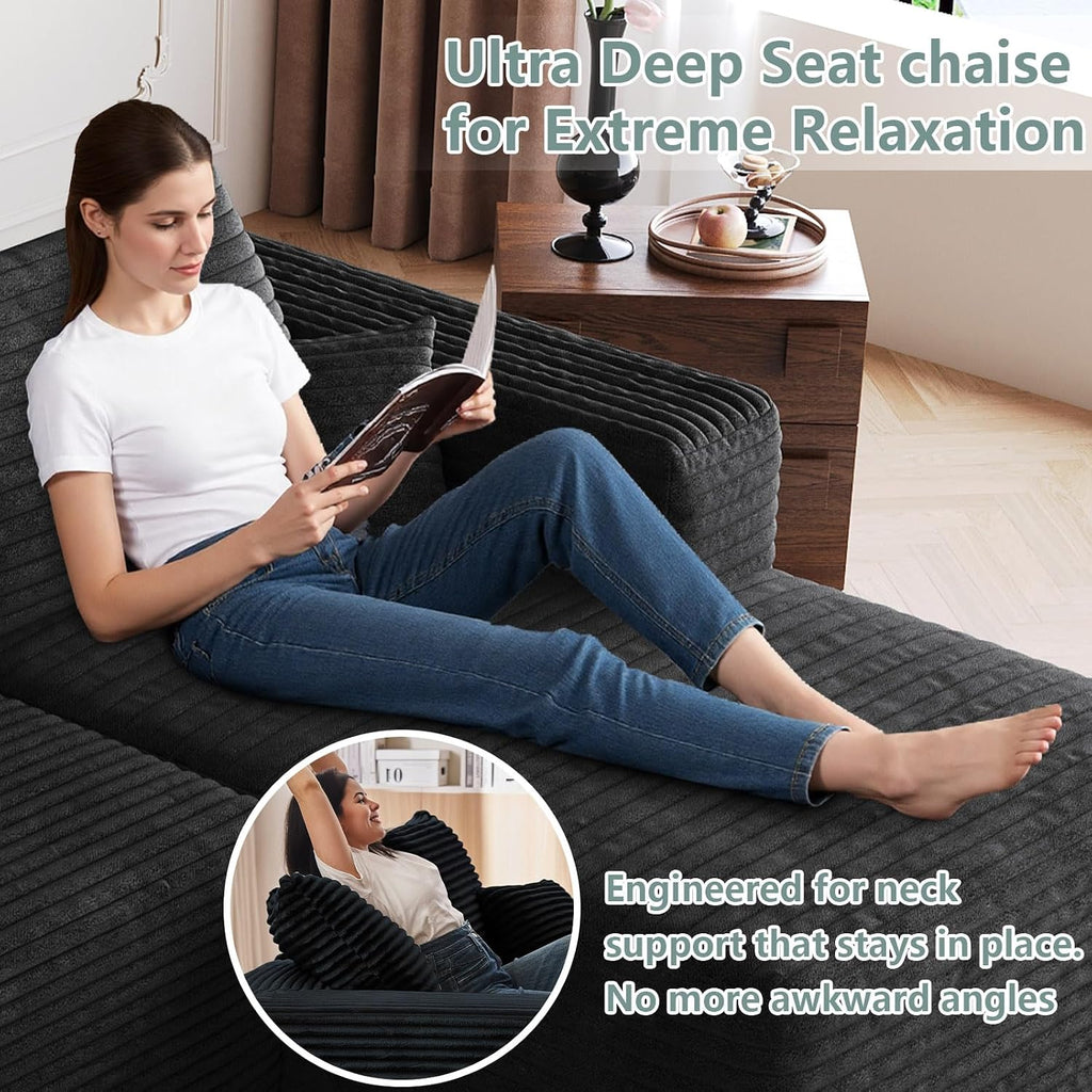 95' Modular Sectional Sofa, Modern Corduroy Cloud Couch with Side Pockets, Boneless Couch Upholstered 3-Seater L-Shaped Sofa for Living Room, No Assembly Required (Black,Right-Facing Chaise)
