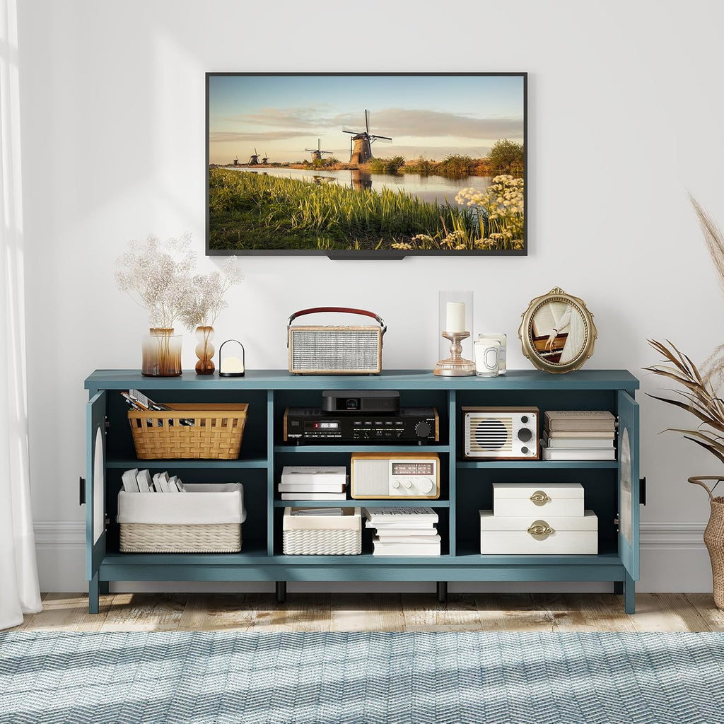 Giantex Farmhouse TV Stand for TVs up to 65', Modern Vintage Entertainment Center w/Storage, Adjustable Shelves, Cable Holes&Glass Doors, Media TV Console Table for Bedroom, Living Room (Teal Blue)