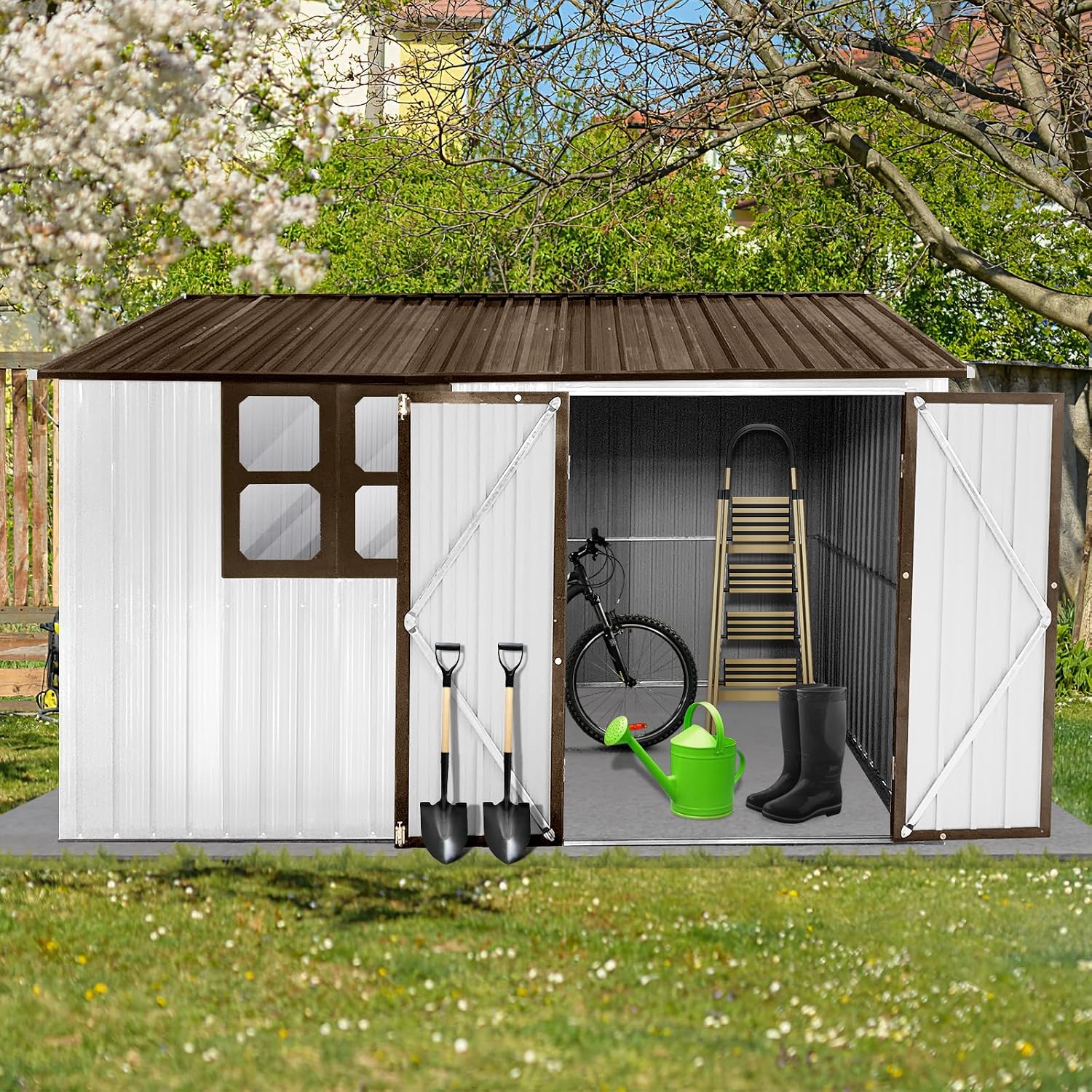10x8 ft Outdoor Metal Storage Shed with Window, Aluminum Frame and Galvanized Steel Plate Tool Shed with Lockable Door, Air Vent, Waterproof Garden Storage House for Backyard (White)