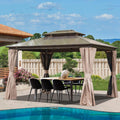 Domi Hardtop Gazebo 10X12FT, Outdoor Aluminum Gazebo with Polycarbonate Double Roof, Curtain and Netting,Permanent Pavilion for Patio Deck,Backyard, Brown