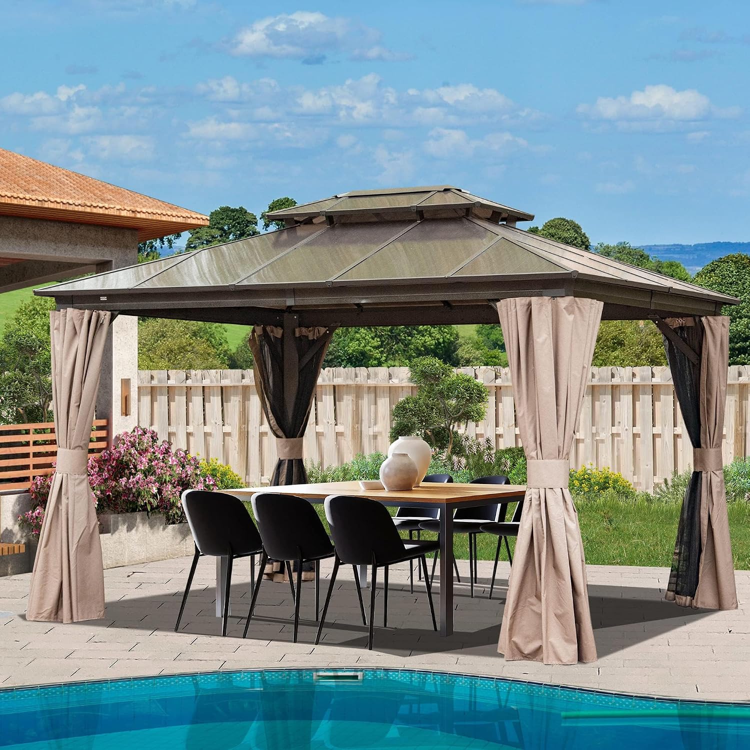 Domi Hardtop Gazebo 10X12FT, Outdoor Aluminum Gazebo with Polycarbonate Double Roof, Curtain and Netting,Permanent Pavilion for Patio Deck,Backyard, Brown