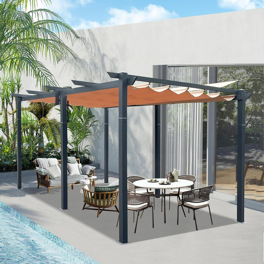 Domi 11'x16' Outdoor Retractable Pergola with Sun Shade Canopy, Aluminum Pergolas and Gazebos Clearance, Patio Outdoor Metal Pergola Canopy for Deck, Garden, Backyard, Khaki