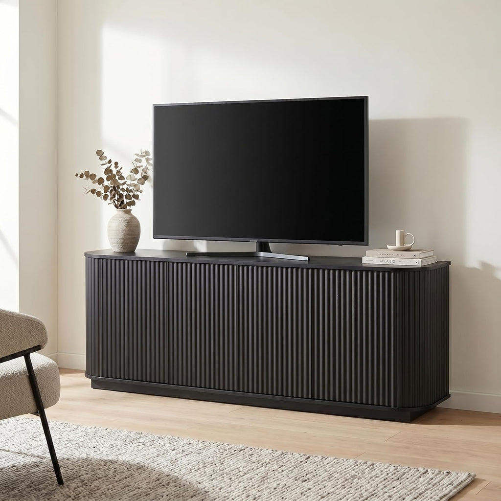 Fluted TV Stand for TVs Up to 75 Inch, Black Mid Century Modern TV Console for Living Room, Entertainment Center with Storage, Wood Media Console Cabinet with Rounded Corner