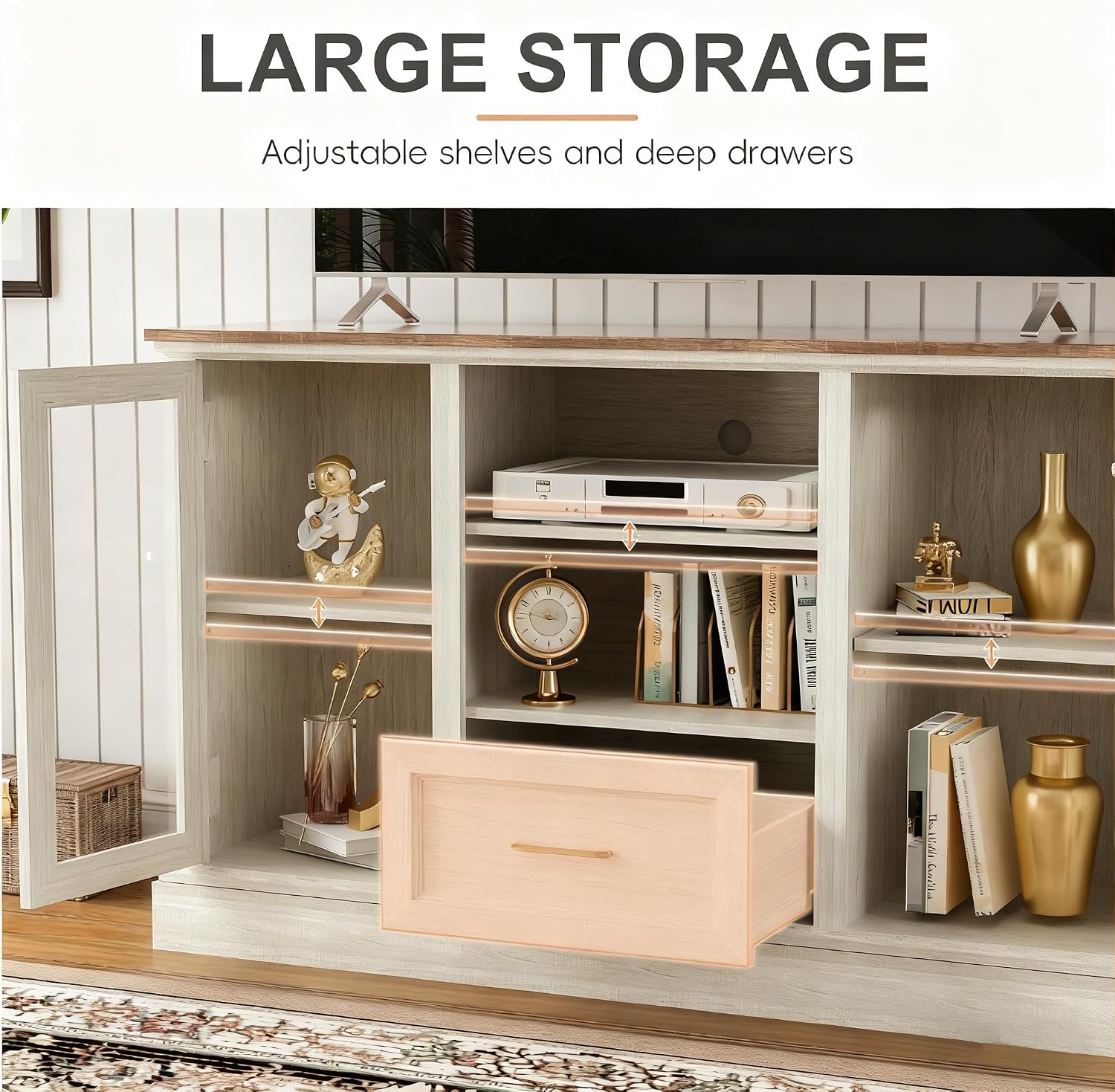 Farmhouse TV Stand for 55/60/65 Inch TV, Tall Media Console with 2 Glass Doors & 3 Adjustable Shelves, Wood Entertainment Center with Cubbies & Drawers for Living Room, Rustic White