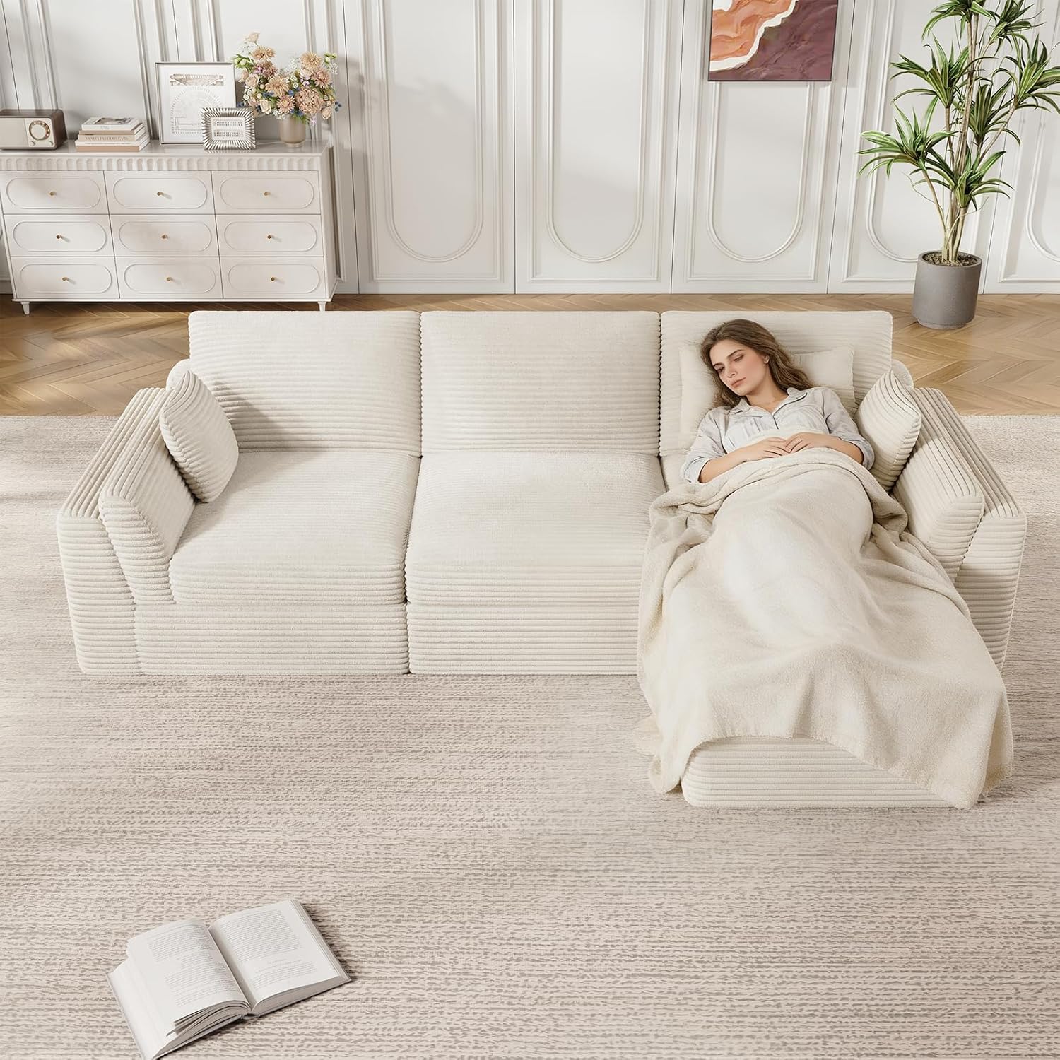 Vabches 106.6' Modular Sectional Sofa with Chaise, Comfy Cloud Sectional Couch, Modern L-Shape Corduroy Sofa with Deep Seat, Upholstered Couches for Living Room Bedroom,No Assembly Required (Beige)