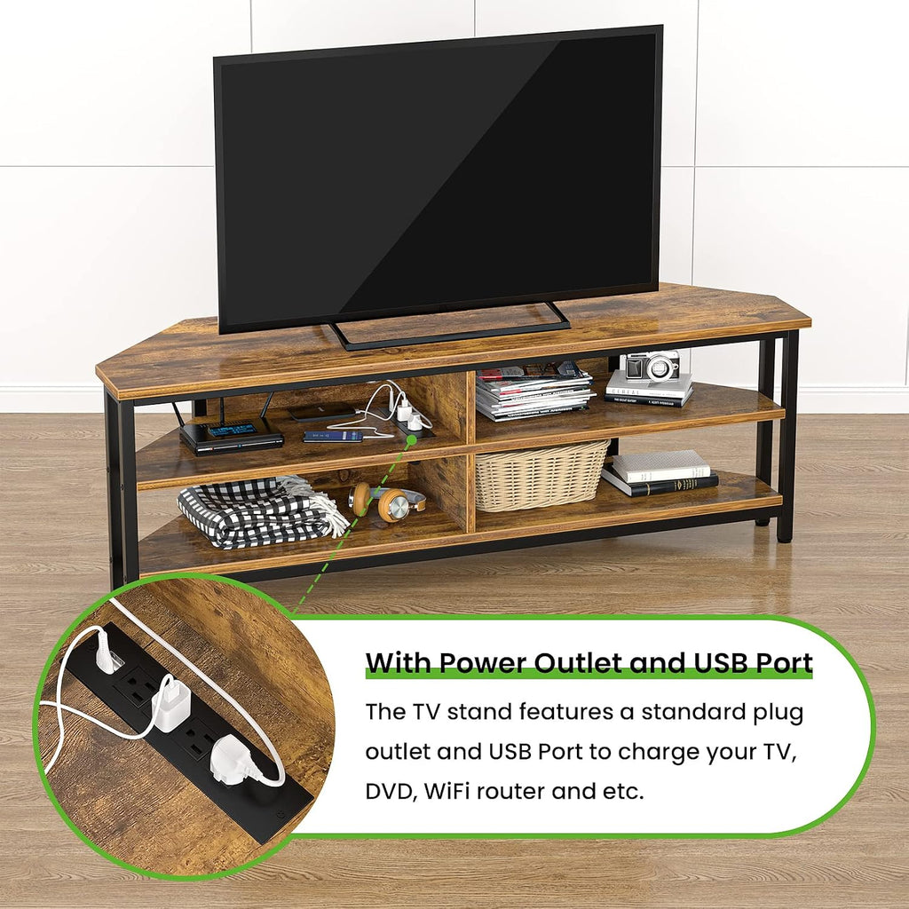 Unikito 55'' Corner TV Stand with Power Outlet, Corner Entertainment Center TV Console Table with 4 Open Storage Shelves, Metal Frame for Living Room, Bedroom, Industrial 60'' Corner TV Stand, Rustic