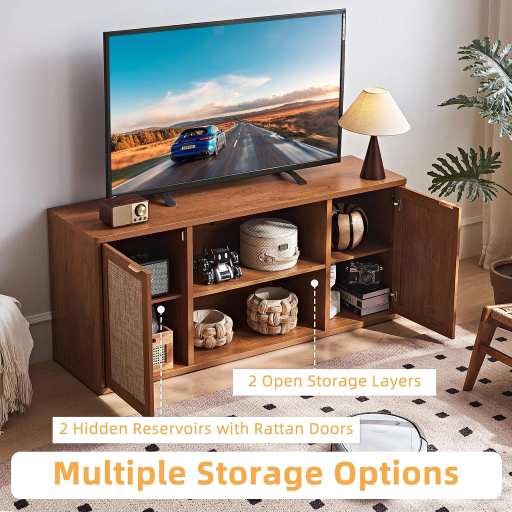 LEYAOYAO Rattan TV Stands for Living Room, Boho TV Cabinet with Storage and Open Shelf, Rustic Wood Entertainment Center, Media Console for 50-65 Inch TV, Tea Brown