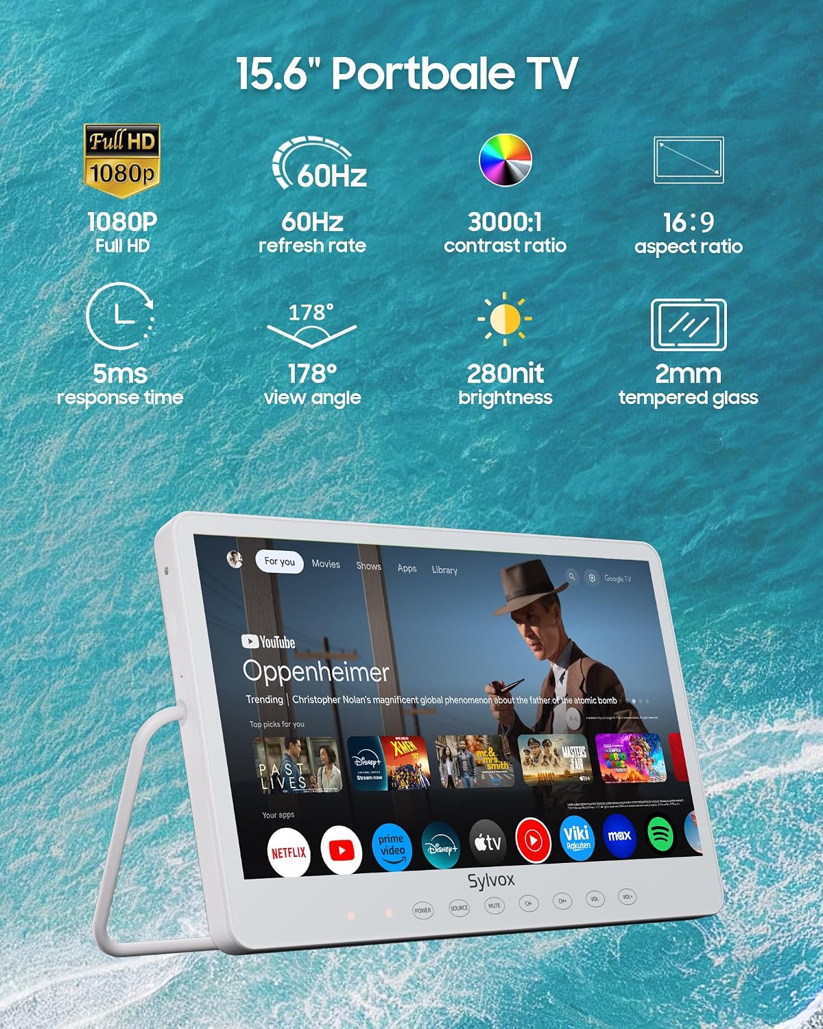 SYLVOX Waterproof Portable TV, 15.6' Shower TV 1080P Smart TVs for Bathroom, 10000mAh Rechargeable Battery Operated (4-6H Play Time), IP66 Waterproof, Voice Assistant, 360° Rotating Kickstand