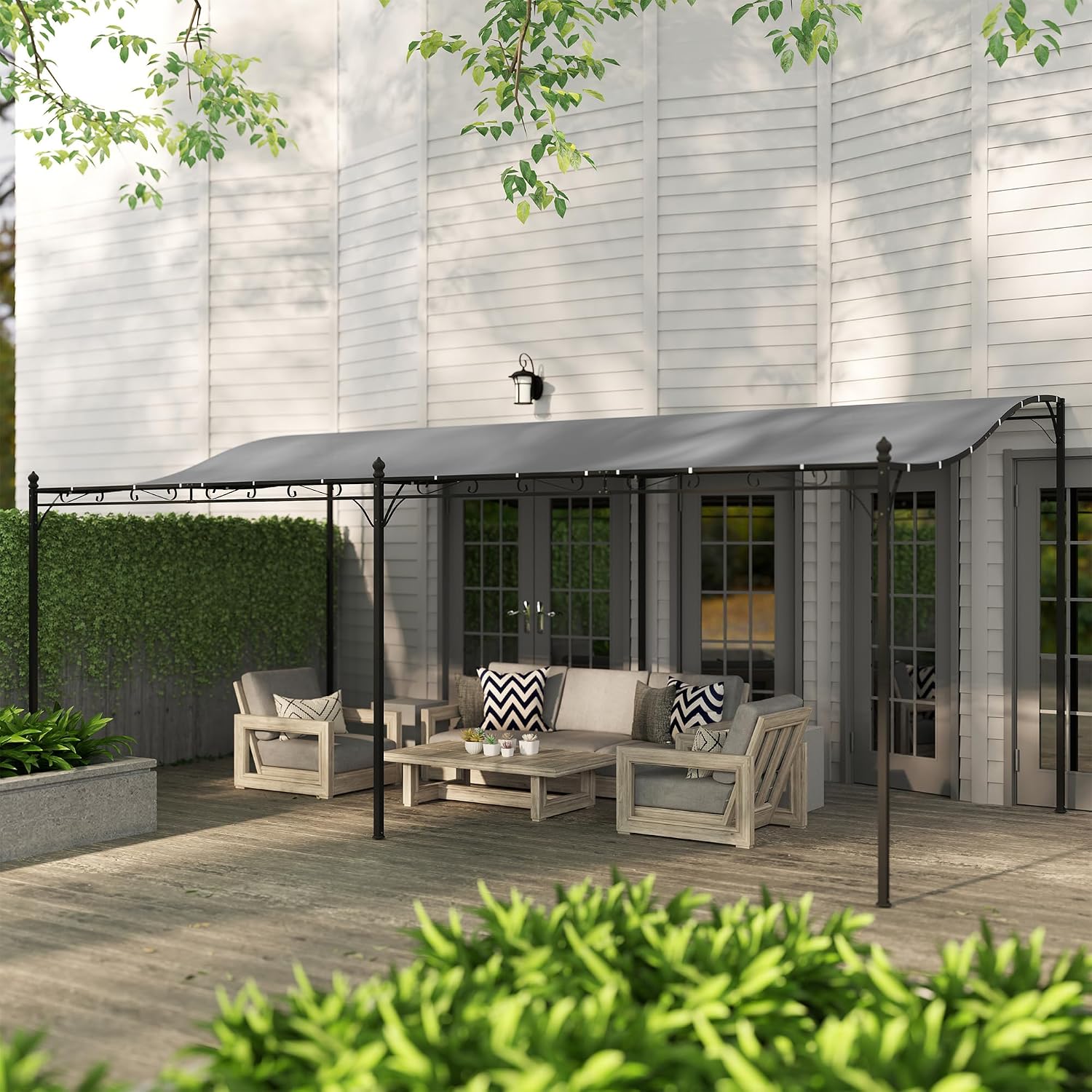 Outsunny 10' x 20' Outdoor Pergola Canopy, Wall-Mounted Metal Patio Canopy with Weather-Resistant Fabric and Drainage Holes for Backyard Garden Porch Beach, Dark Gray
