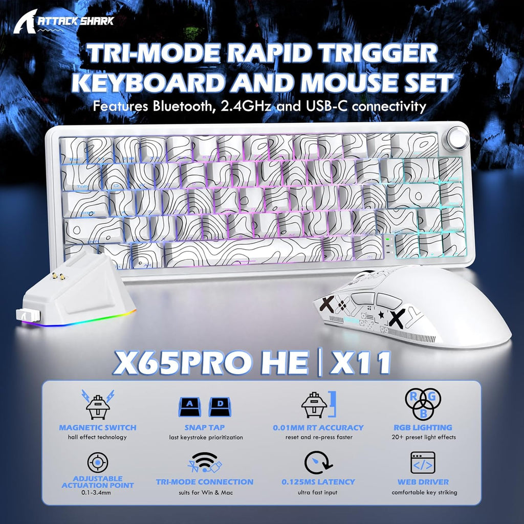 ATTACK SHARK X11 & X65 PRO HE Rapid Trigger Hall Effect Keyboard,60% Magnetic Keyboard 8K Polling Rate RGB Hot Swap,Wireless Gaming Mice with Charging Dock 22K DPI,BT/2.4Ghz/Wired,Coiled Cable-White