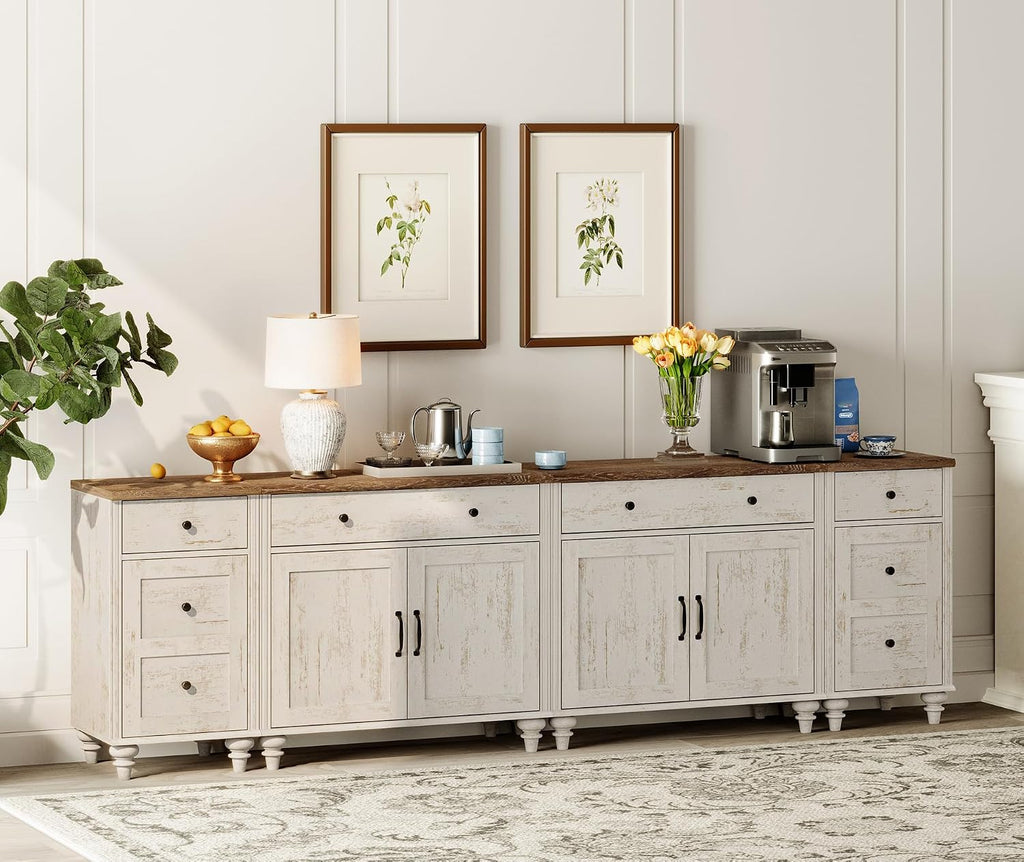 WAMPAT Farmhouse TV Stand for 100 Inch TV, 4-in-1 TV Console Table for 75/80/85/90 Inch TV, Entertainment Center with Charging Station, Kitchen Sideboard Buffet Cabinet for Dining Room, Rustic White
