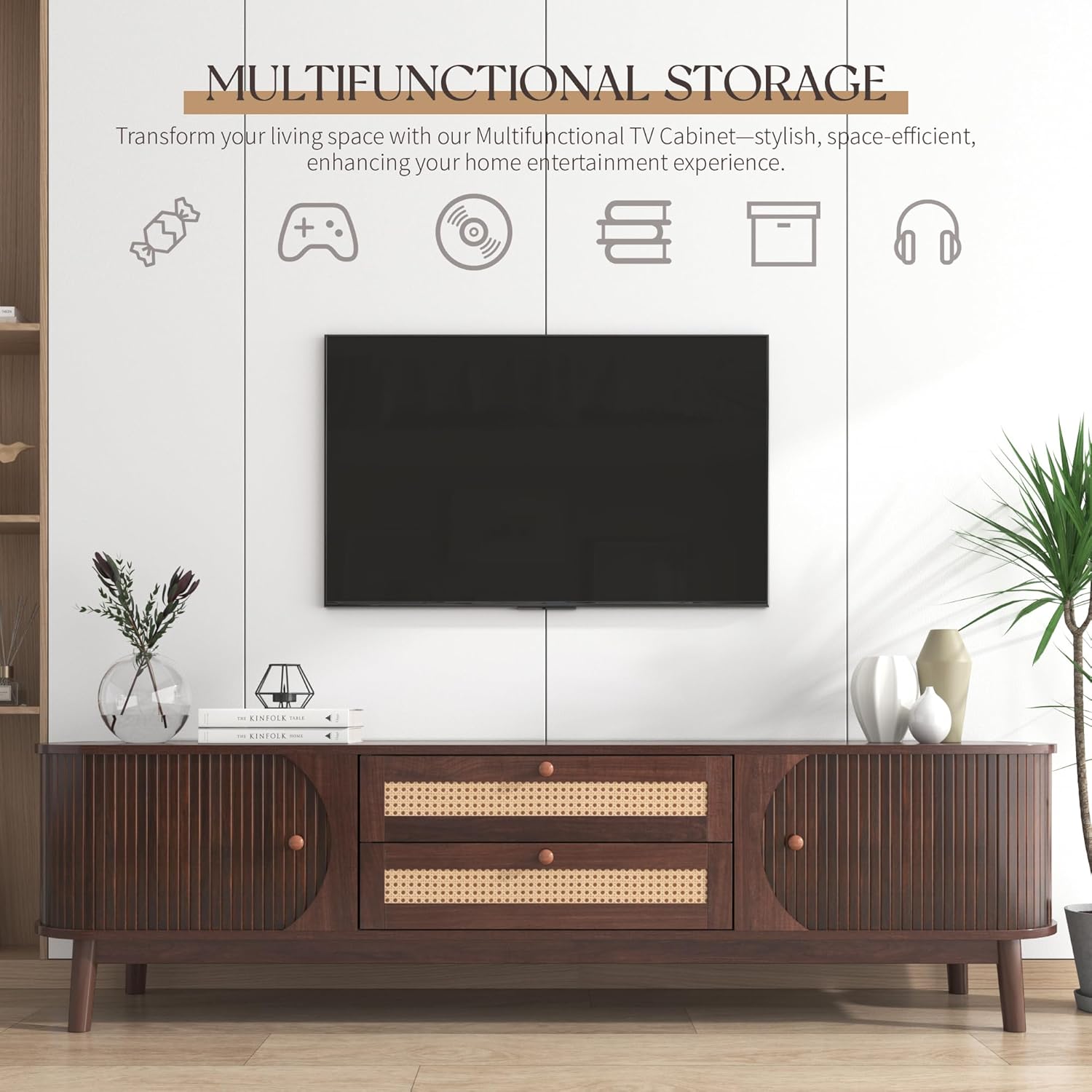 Merax Modern Fluted TV Stand for 75' TVs, Mid-Century Entertainment Center Tambour Door Media Console TV Cabinet with Rattan-Front Drawer for Living Room, Curved Profile Design