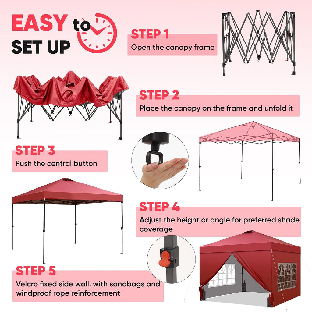 GDY 10x10 Pop Up Canopy Tent with 4 Sidewalls, Easy Set up with One Push Lift Outdoor Silver Coated Beach Gazebos, Carpas with 4 Sandbags, for Pool, Events, Parties, and Camping, Red.