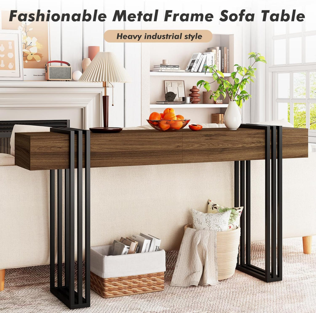 knoworld 63 Inch Console Table for Entryway, Industrial Sofa Tables Couch Table Behind Sofa for Living Room Hallway Foyer, Walnut