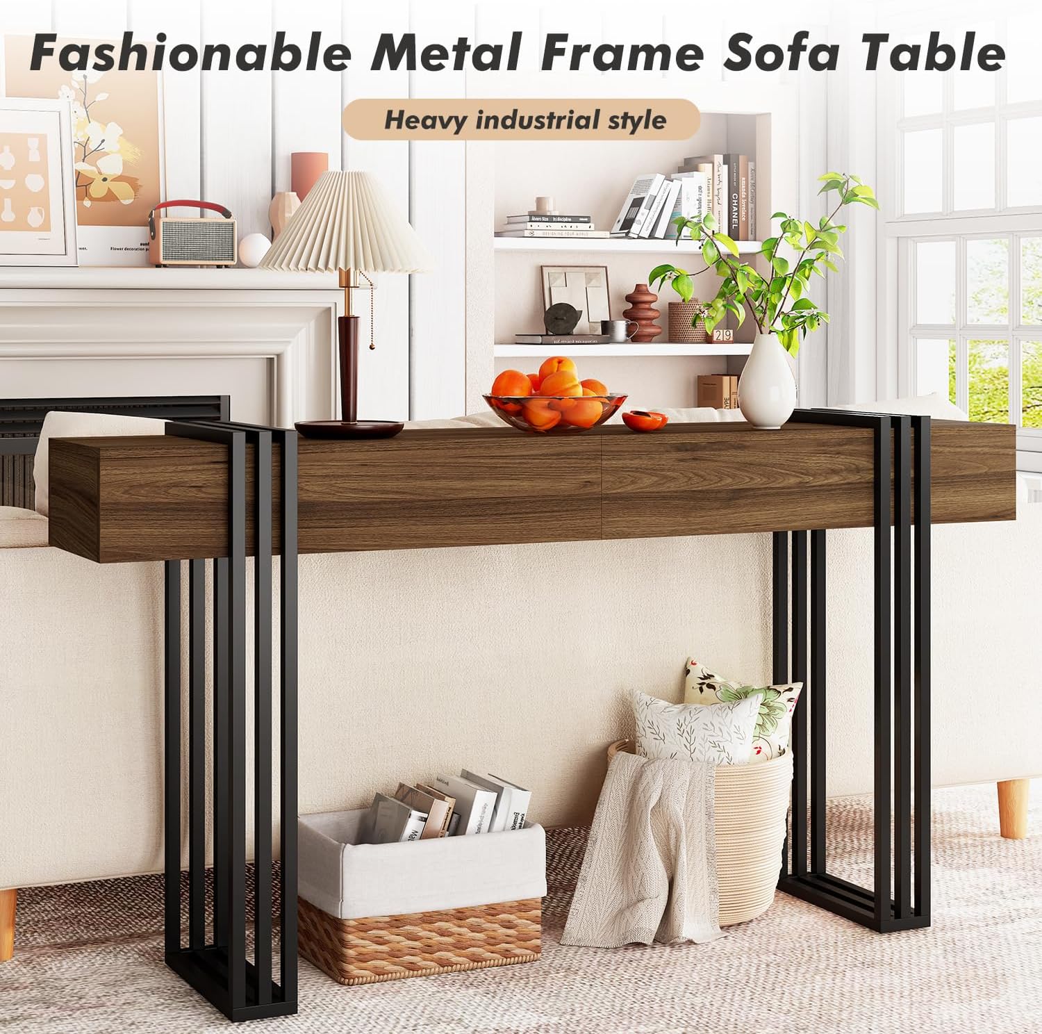 knoworld 63 Inch Console Table for Entryway, Industrial Sofa Tables Couch Table Behind Sofa for Living Room Hallway Foyer, Walnut