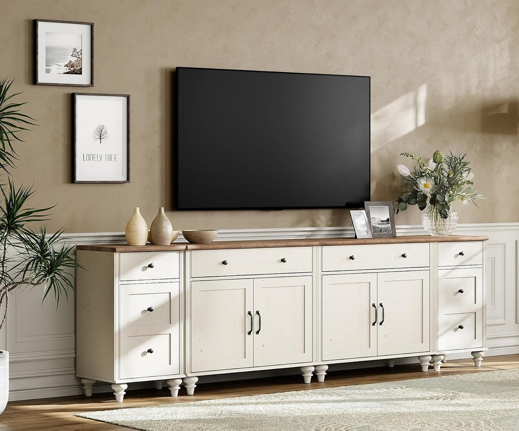 WAMPAT Farmhouse TV Stand for 100 Inch TV, 4-in-1 Wooden TV Console Table for 75/80/85/90 Inch TV, Entertainment Center with Charging Station, Kitchen Sideboard Buffet Cabinet for Dining Room, White