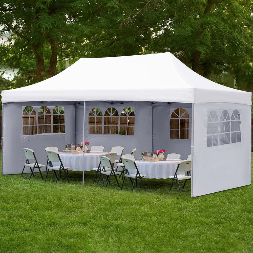 GDY 10'x20' Pop Up Canopy, Folding Party Tent with 4-Panel Removable Sidewalls, Heavy Duty Outdoor Commercial Instant Gazebo with Wheeled Bag, White.