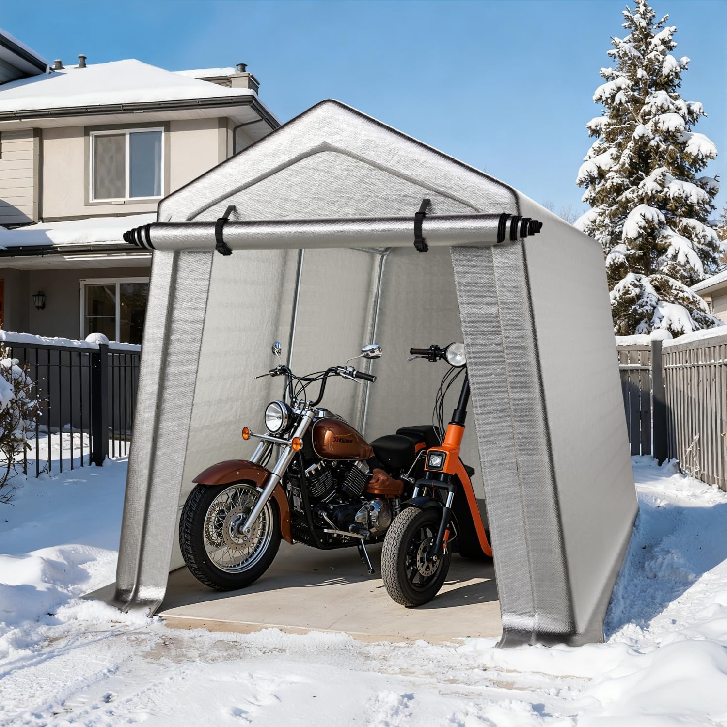 LINKHOO 7 x 12 FT Carport, Portable Shed w/220G Heavy Duty Waterproof PE Tarp, Roll-up Zipper Door & Vent, Weather-Resistant Storage Shed for Motorcycle, Bike and Tools, Gray