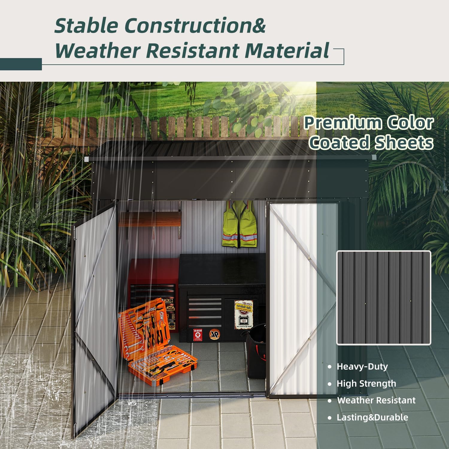8'x6' Outdoor Storage Shed with Triple Lockable Doors, Metal Cabinet, Sloping Roof & Spacious Storage for Tools, Bicycles, Garden Equipment – Ideal for Patio, Garden & Courtyard