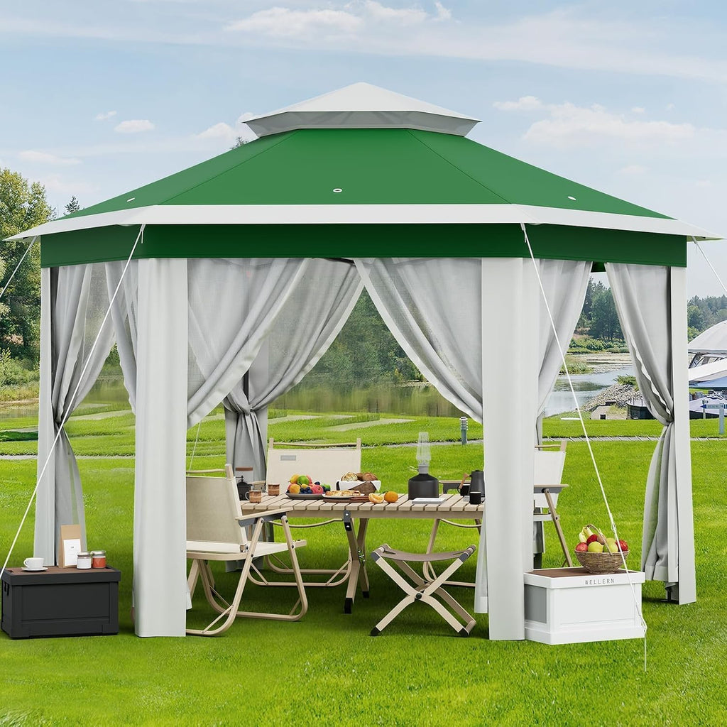 13'x13' Pop Up Gazebo, Hexagonal Outdoor Canopy Tent, [Sturdy Metal Frame] Instant Pop Up Tent with Mesh Netting, Waterproof & UV-Resistant Outdoor Gazebo for Backyard, Patio, Deck, Lawn Party(Green)