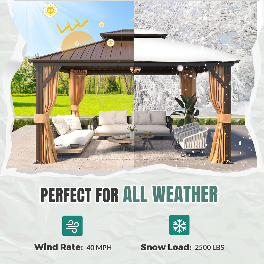 MELLCOM 10' x 12' Gazebo, Hardtop Double Roof Gazebo with Aluminum Frame, Galvanized Steel Outdoor Pavilion with Curtain and Netting for Patio, Garden, Lawn, Brown