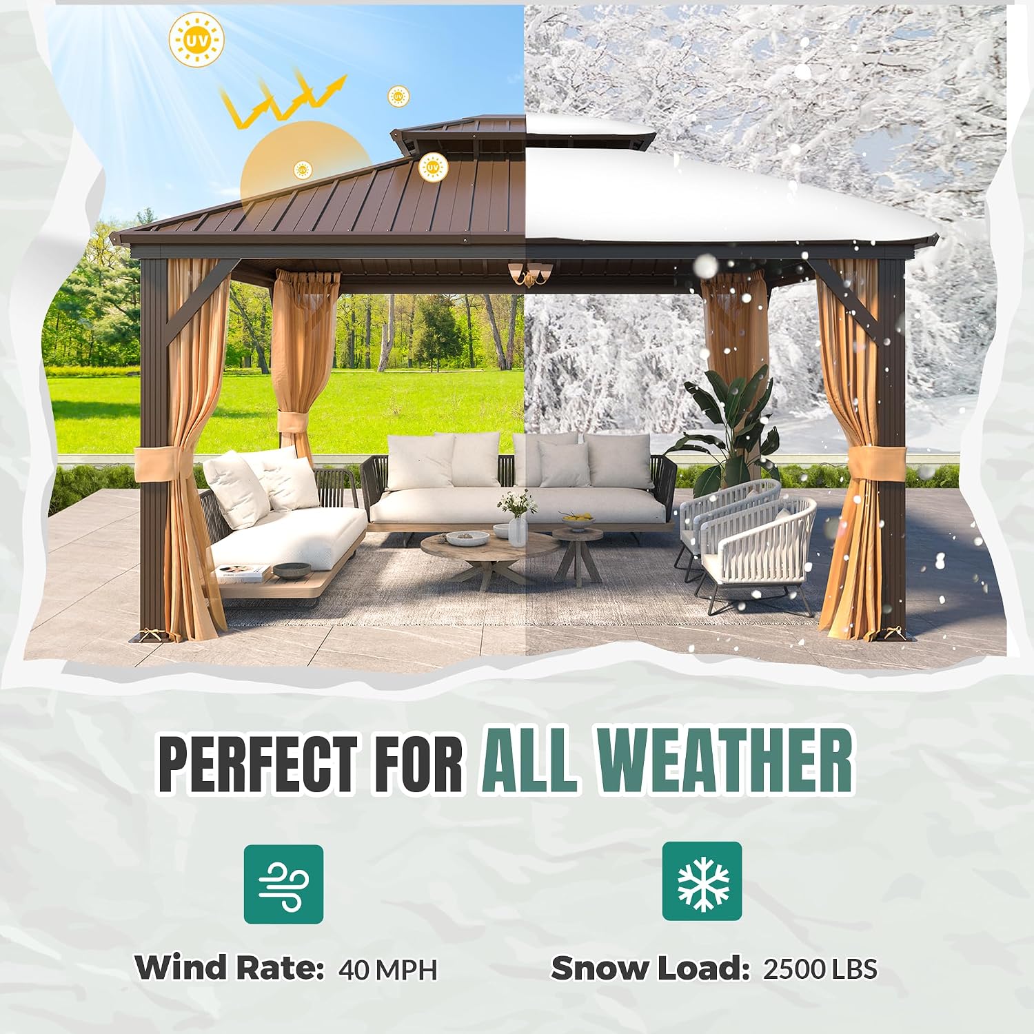 MELLCOM 10' x 12' Gazebo, Hardtop Double Roof Gazebo with Aluminum Frame, Galvanized Steel Outdoor Pavilion with Curtain and Netting for Patio, Garden, Lawn, Brown