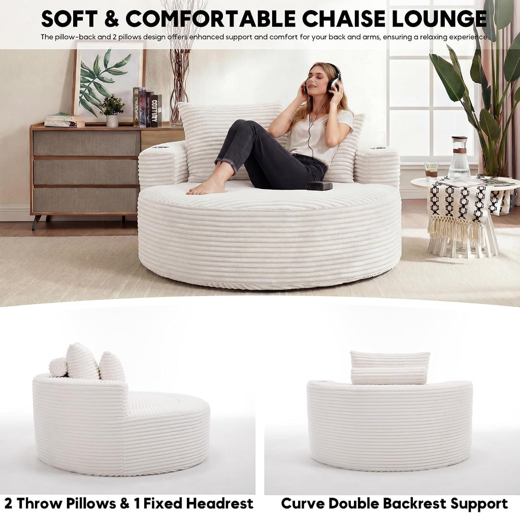 Oversized Round Chair Lounge Chaise Indoor, 55.5' Upholstered Corduroy Deep Seat Single Cloud Sofa Chair with Cup Holder, Modern Large Circle Boneless Sleeper Sofa for Living Room, Beige White