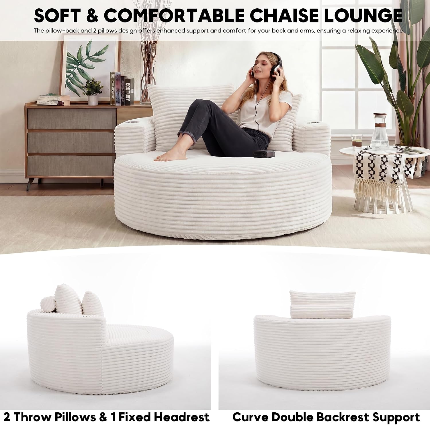 Oversized Round Chair Lounge Chaise Indoor, 55.5' Upholstered Corduroy Deep Seat Single Cloud Sofa Chair with Cup Holder, Modern Large Circle Boneless Sleeper Sofa for Living Room, Beige White