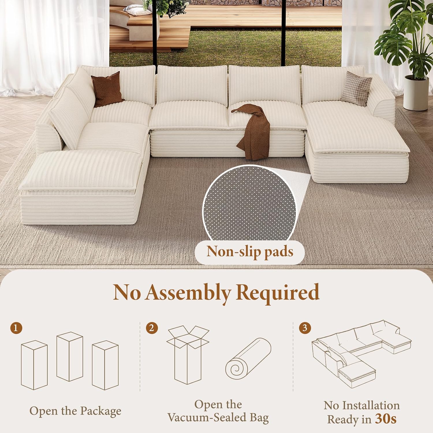 Vesgantti 141.7' Oversized Sectional Boneless Couch, Modern 7 Seater Modular Sofa with Chaise & Ottoman, Deep Seat Plush Corduroy Cloud Couches for Living Room, No Assembly Required, Beige