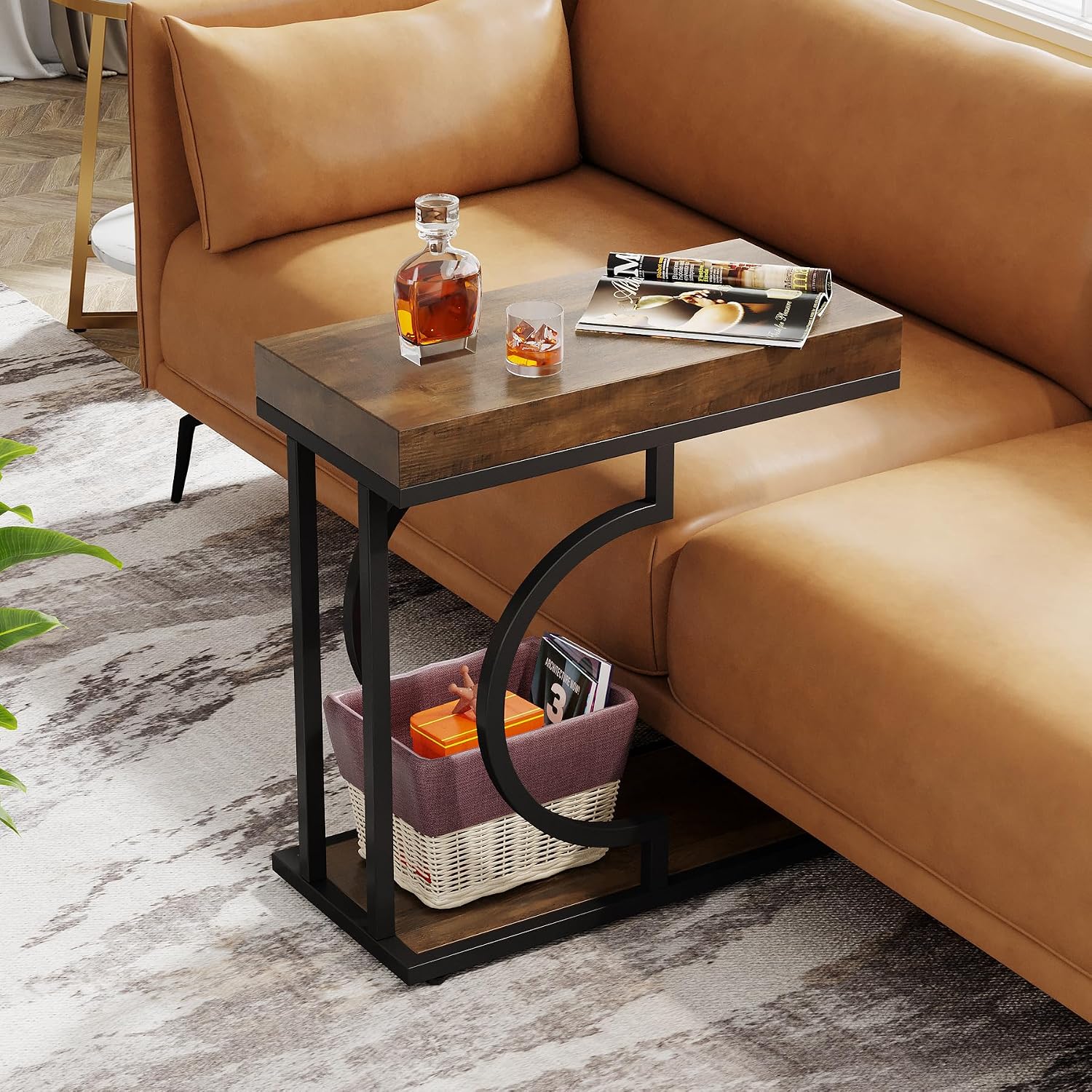 Tribesigns Narrow Side Table Set of 2, C Shaped End Table for Couch, Modern Bedside Tables with Metal Frame, Small Sofa Tables for Small Spaces, Living Room (2, Brown+Black)