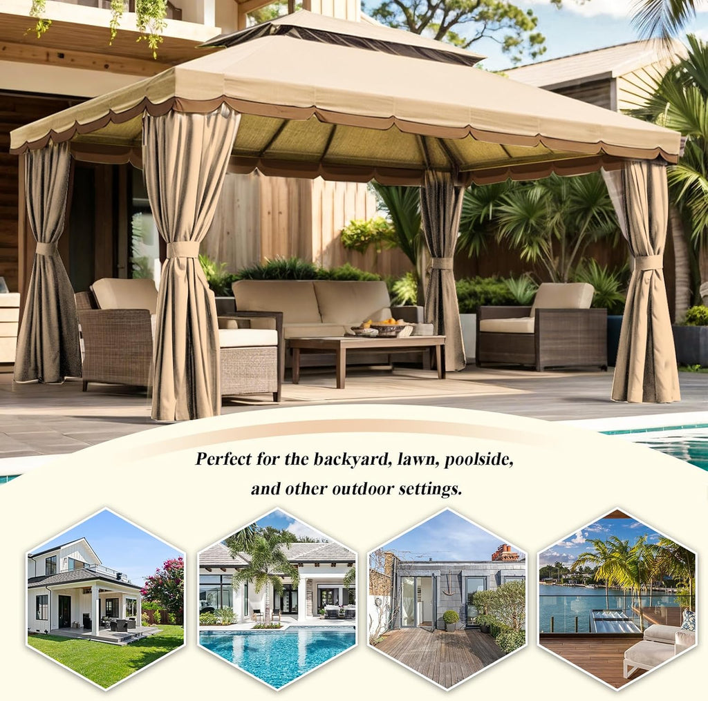 10x13 Gazebo for Patio, Outdoor Gazebo with Mosquito Netting & Curtains, Double Tier Roof Round Leg Marquee Canopy Shelter for Garden, Deck, Backyard, Lawn (Beige)