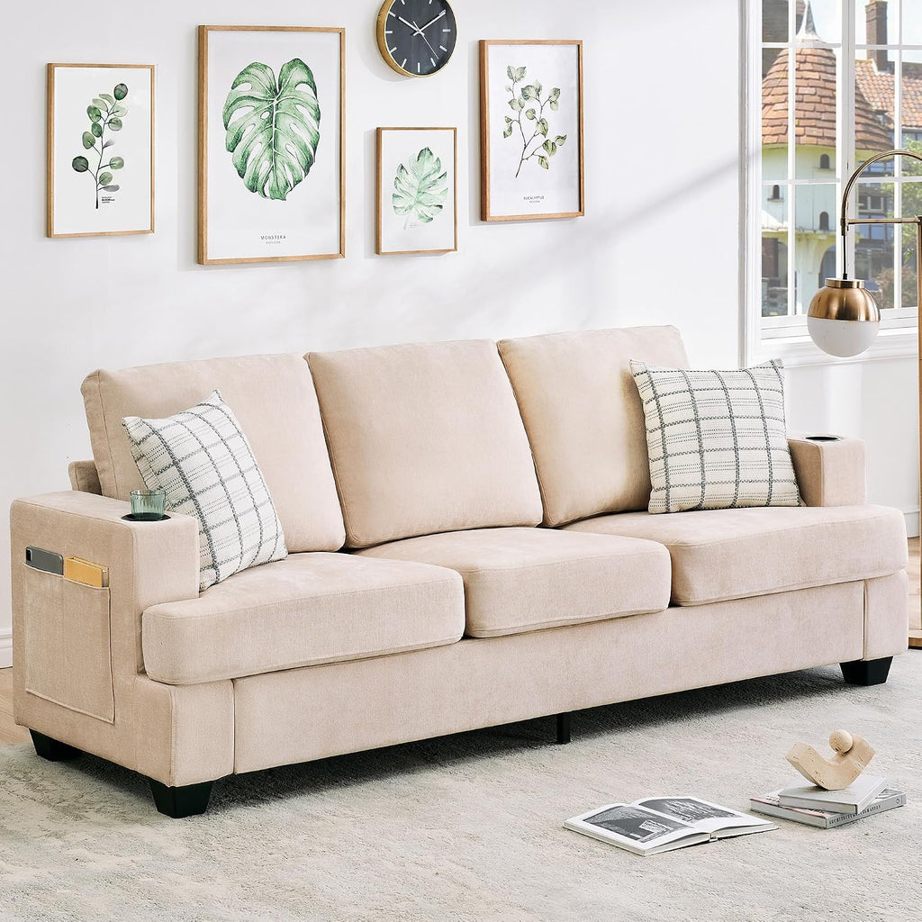 GAOMON 89' Chenille 3-Seater Sofa with Cup Holders and Side Storage Pockets, Modern Sofa for Living Room, Deep Seat Couches for Apartment Lounge, Beige