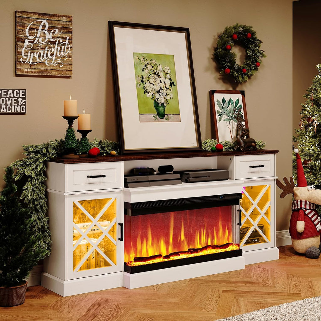 AMERLIFE Farmhouse LED Fireplace TV Stand with 3-Sided Glass Fireplace, 70' Large Entertainment Center for TVs up to 80', Rustic TV Console with Glass Door Storage for Living Room, Barnwood+White