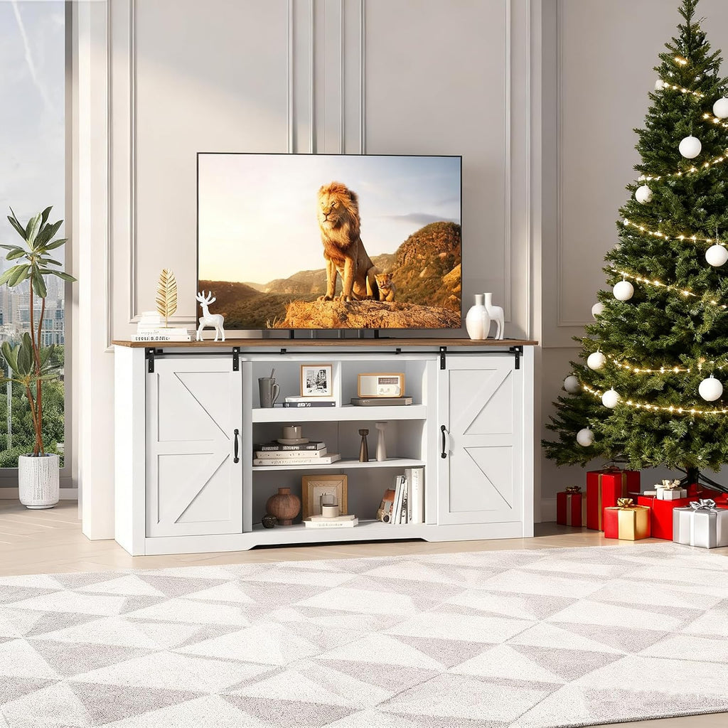 GarveeHome 70' Farmhouse TV Stands for 80-85' TVs, Rustic Wooden Entertainment Center with Adjustable Shelves & Sliding Barn Door, TV Console Table with Open Storage for Home, White+Brown Top