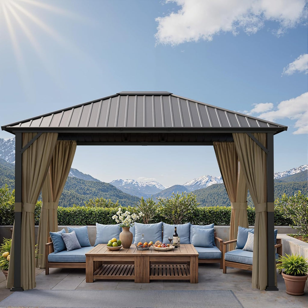10x12 Hardtop Gazebos, Heavy Duty Outdoor Gazebo with Powder-Coated Iron Frame, Galvanized Steel Roof & Mosquito Netting, Permanent Pavilion Gazebo for Backyards & Patios