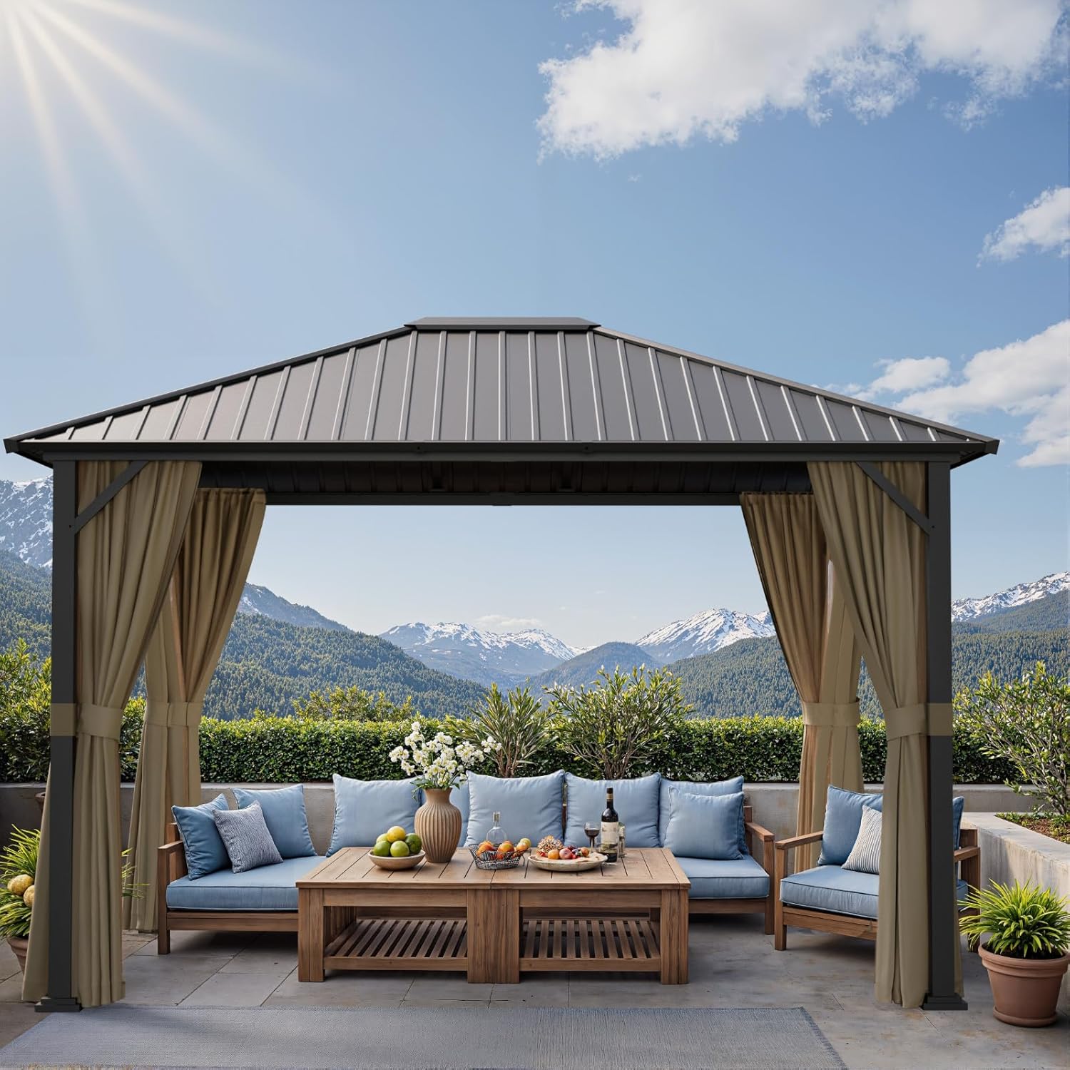 10x12 Hardtop Gazebos, Heavy Duty Outdoor Gazebo with Powder-Coated Iron Frame, Galvanized Steel Roof & Mosquito Netting, Permanent Pavilion Gazebo for Backyards & Patios