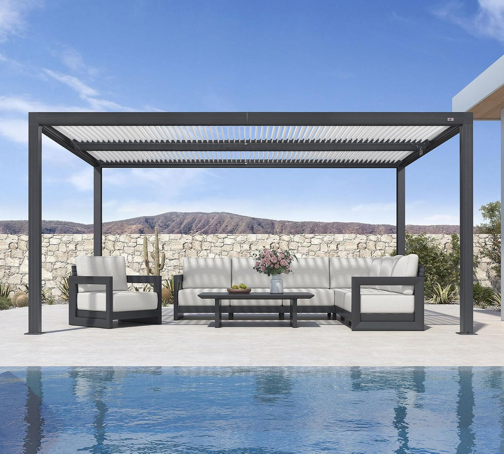 PURPLE LEAF Louvered Pergola 10' x 16' Outdoor Aluminum Pergola with Hidden Drainage System and White Adjustable Sun Shade Roof Patio Hardtop Large Pergolas for Patio Poolside Spa