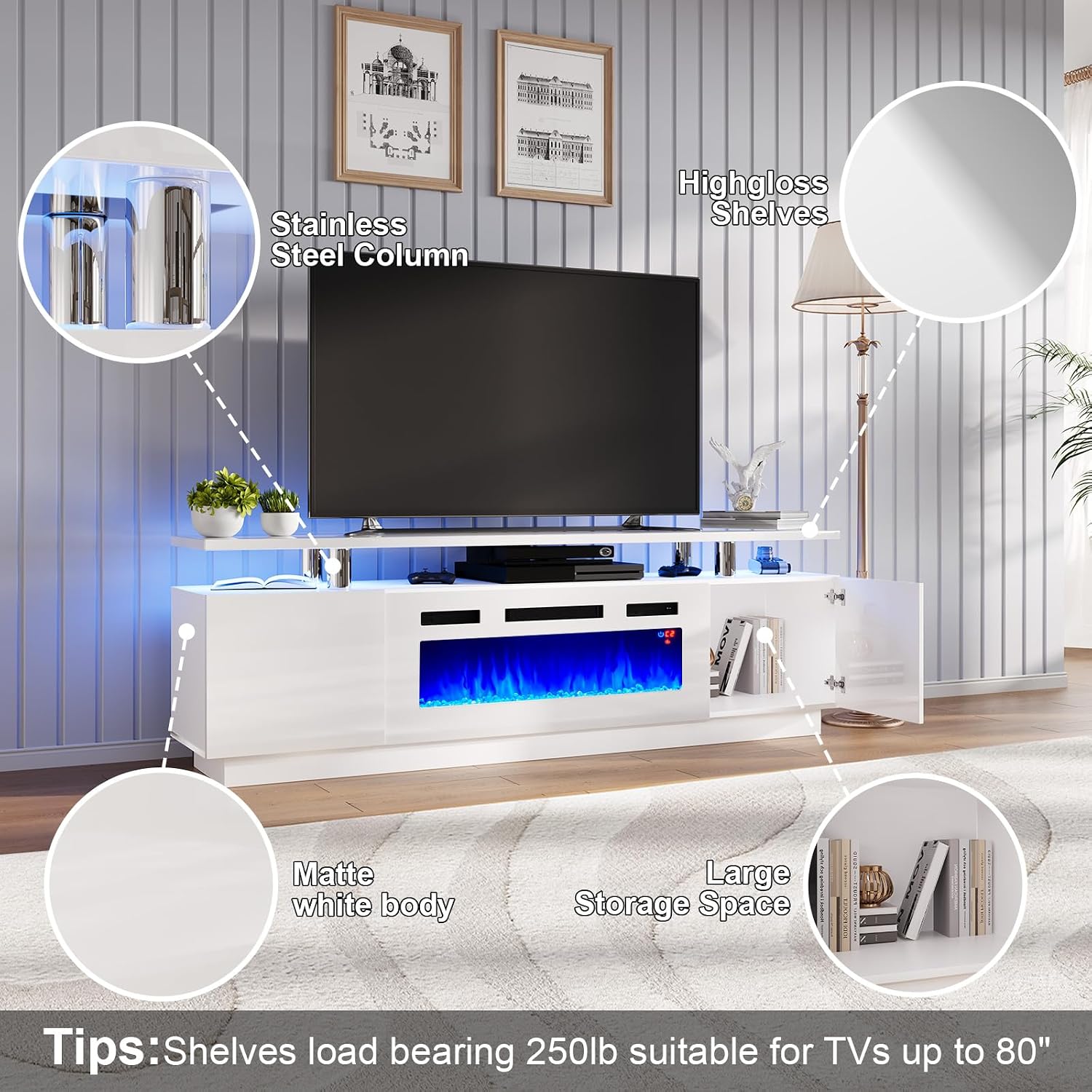 AMERLIFE Entertainment Center with 2-Tier Fireplace TV Stand, 2 x Modern High Gloss Bookshelves with LED Lights & Glass Doors, White