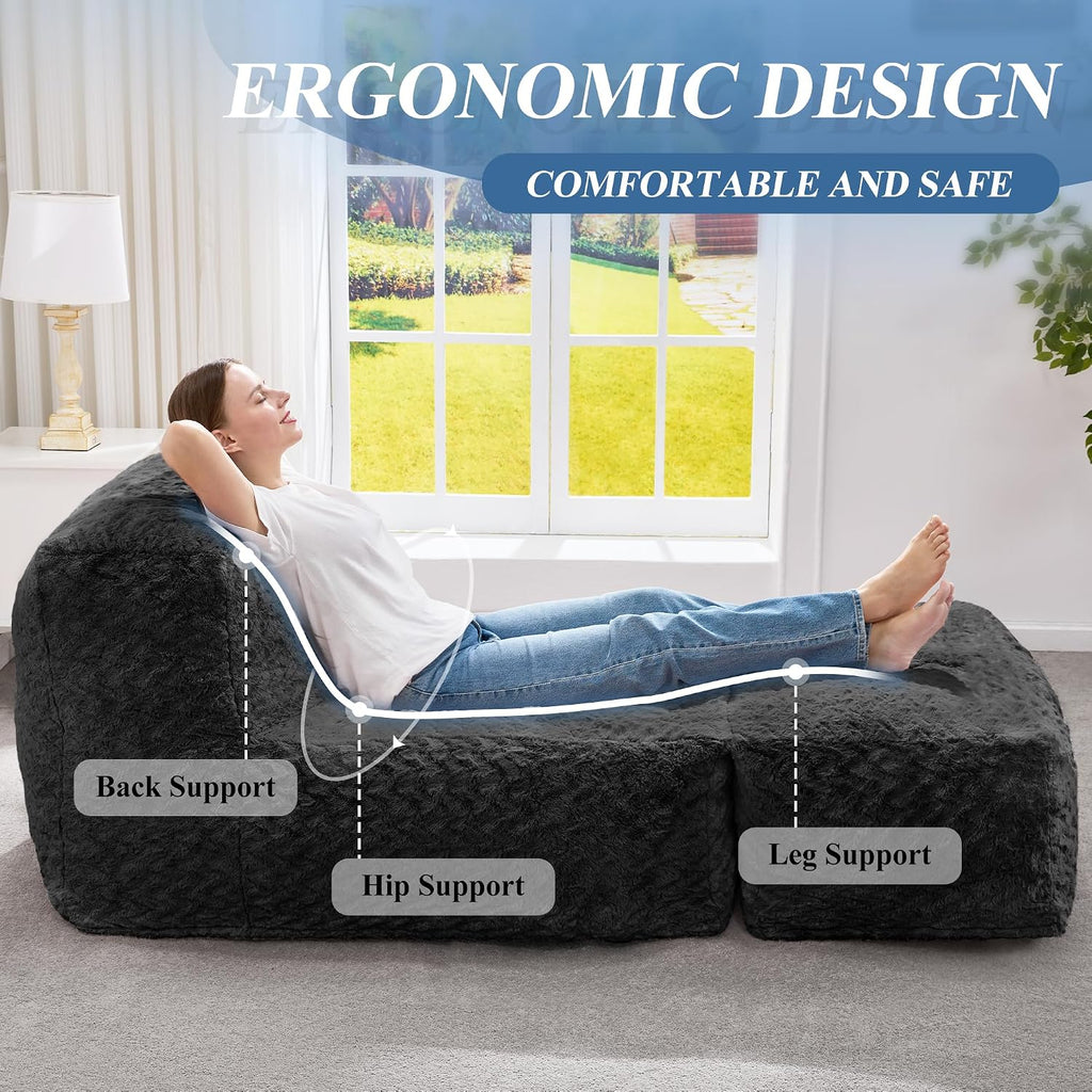 Hobestluk Bean Bag Chair Big Bean Bag Lounger for Adults Bean Bag Couch with Memory Foam Filled for Living Room, Bedroom or Balcony (Chevron Plush Black)