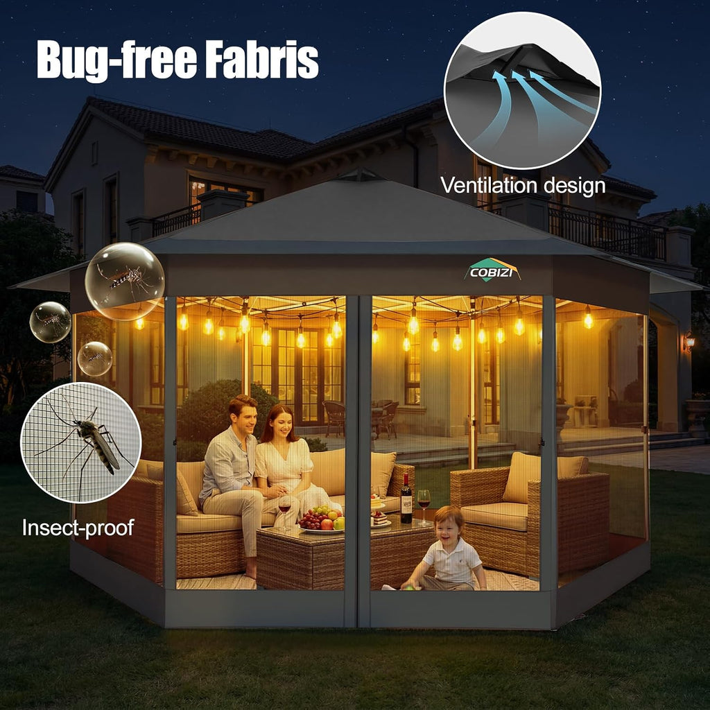 COBIZI 16x16 Pop Up Gazebo Tent with Mosquito Netting, Gazebos on Clearance, Hexagonal Outdoor Canopy Shelter, Patented Center Lock 6-Sided Portable Gazebos, Pop Up Canopy Tent for Backyard, Gray