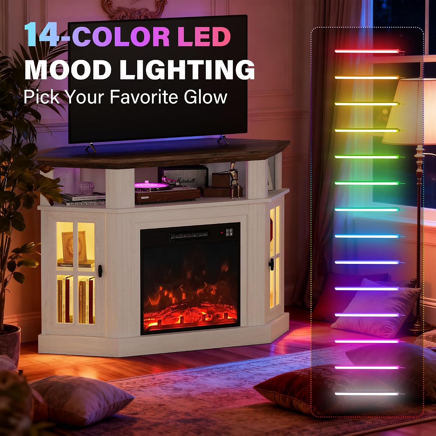 YESHOMY LED Corner Fireplace TV Stand with Mood Lighting, for TVs up to 55' with Storage Cabinets, Entertainment Center, Media Console for Living Room, Bedroom, White＆Rustic
