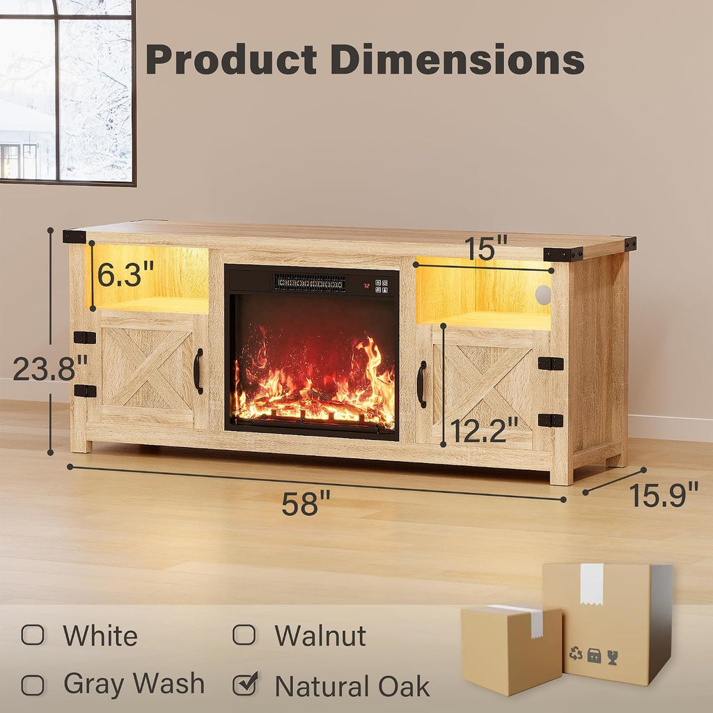 YESHOMY LED Fireplace TV Stand with Mood Lighting, TV Cabinet with Open Shelf, Farmhouse Media Console with Hidden Cable Routing, Entertainment Center for Televisions up to 65+ Inch, Natural Oak