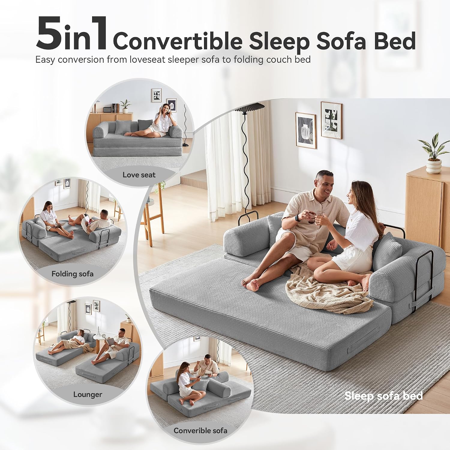 Convertible Sleeper Sofa Bed, Sleeper Sofa with Pillow | Corduroy Fabric | High-Density Sponge | Fixed-Shape Frame, Modular Sofa Bed for Living Room Lounge Studio (Light Grey)